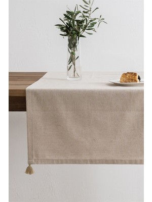 PremiumPort Bej Püsküllü Masaüstü Runner - 50X150 Cm, Şık ve Zarif Tasarım