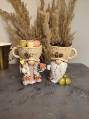 PremiumPort Figürlü Kahve Fincanlı Aşçı Gnome Çift Dekoratif Sunumluk ve Mumluk