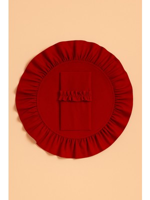 PremiumPort 12'li Kırmızı Ham Keten Sofra Seti, Fırfırlı Amerikan Servis ve Kaşıklık