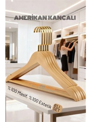 MiraLive Lasvegas Ahşap Elbise Askısı - 6'lı Set, Lüks Amerikan Kancalı Gardırop Düzenleyici