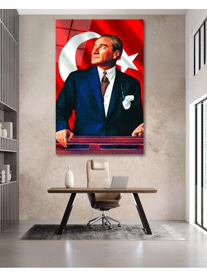 PremiumPort Modern Cam Tablo, Atatürk Portresi, Şık ve Dekoratif Sanat Eseri