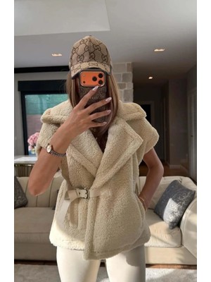 Zeynep Öykü Style Kadın Kemerli Peluş Yelek | Oversize Rahat Kalıp Şık Yelek