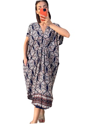 Keyifli Moda Lacivert Desenli V Yaka Tasarım Cepli Elbise