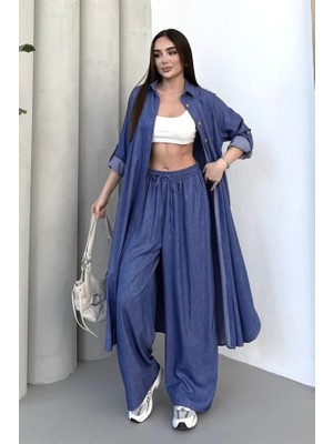 Keyifli Moda Lacivert Kot Görünümlü Beli Lastikli Bol Paça Gömlek Pantolon Ikili Takım