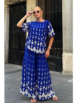 Keyifli Moda Saks Mavi Balık Desenli Kayık Yaka Beli Lastikli Cepli Bol Paça Ikili Takım