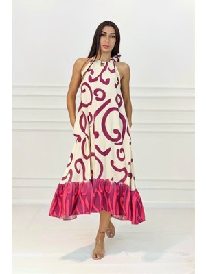 Keyifli Moda Fuşya Desenli Boyundan Bağlamalı Cepli Uzun Elbise