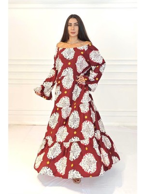 Keyifli Moda Bordo Madonna Yaka Desenli Eteği Kat Kat Uzun Elbise