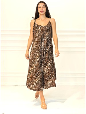 Keyifli Moda Leopar Desenli Askılı Uzun Elbise