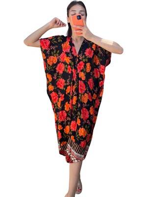 Keyifli Moda Kırmızı Çiçekli  V Yaka Tasarım Cepli Elbise