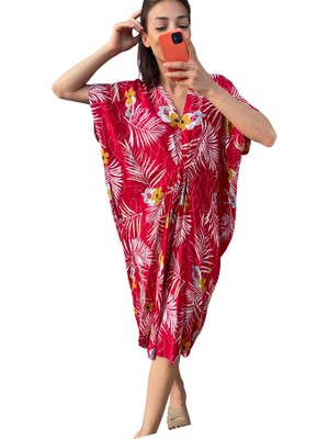 Keyifli Moda Kırmızı Çiçekli V Yaka Tasarım Cepli Elbise