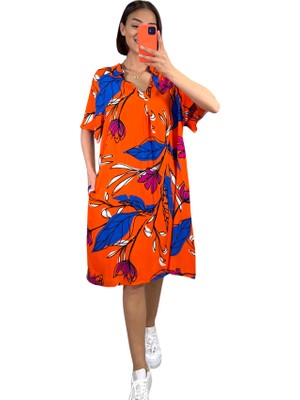 Keyifli Moda Turuncu Çiçekli Gömlek Yaka Cepli Kısa Elbise
