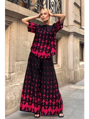 Keyifli Moda Kırmızı Balık Desenli Kayık Yaka Beli Lastikli Cepli Bol Paça Ikili Takım