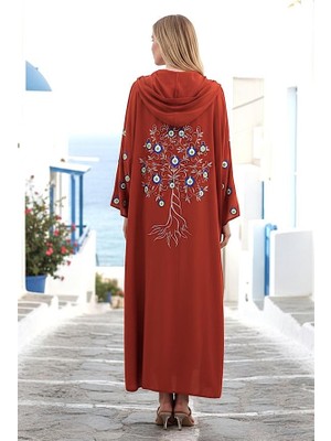 Keyifli Moda Kiremit Rengi Kapüşonlu Sırtı ve Kolları Kabartma Baskılı Oversize Uzun Elbise