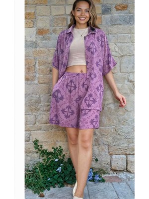 Keyifli Moda Mor Desenli Gömleği Kısa Kollu Gömlek Şort Takım