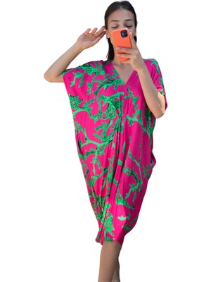 Keyifli Moda Fuşya Dal Desenli V Yaka Tasarım Cepli Elbise