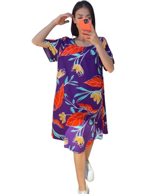Keyifli Moda Mor Desenli Yuvarlak Yaka Kısa Kollu Midi Elbise