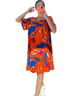 Keyifli Moda Turuncu Desenli Yuvarlak Yaka Kısa Kollu Midi Elbise