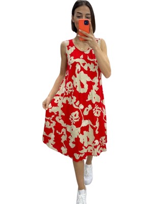 Keyifli Moda Kırmızı Desenli Kalın Askılı Midi Elbise