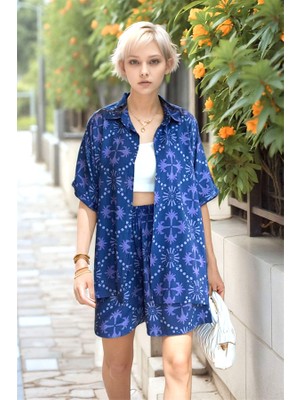 Keyifli Moda Lacivert Desenli Gömleği Kısa Kollu Gömlek Şort Takım