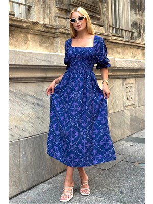 Keyifli Moda Mor Desenli Karpuz Kol Gipeli Uzun Elbise