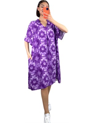 Keyifli Moda Mor Desenli Gömlek Yaka Cepli Kısa Elbise