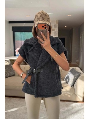 Zeynep Öykü Style Kadın Kemerli Peluş Yelek | Oversize Rahat Kalıp Şık Yelek