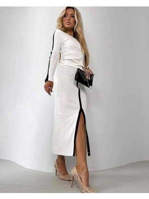 Melen Moda Kadın Uzun Kollu Bisiklet Yaka Kaşkorse Bluz ve Yırtmaçlı Etek Ikili Takım