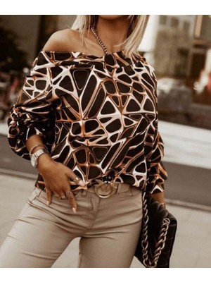 Melen Moda Kadın Uzun Kollu V Yaka Düşük Omuz Geometrik Desen Şardonlu Dalgıç Bluz