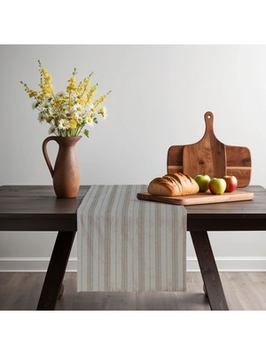 PremiumPort Şık Çizgili Keten Runner 40X150 Cm, Sütlü Kahve Tonu