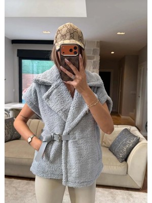 Zeynep Öykü Style Kadın Kemerli Peluş Yelek | Oversize Rahat Kalıp Şık Yelek