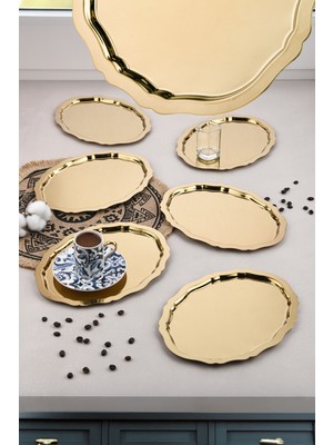 6 Adet Paslanmaz Çelik Oval Dalgalı Sade Kahve ve Sunum Tepsisi 20 cm x 25 cm