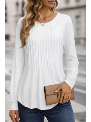 Melen Moda Kadın Uzun Kollu Yuvarlak Yaka Nervürlü Bluz