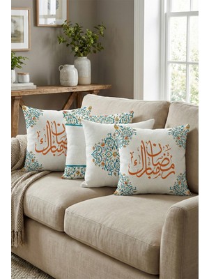 Cango Home Mavi Turuncu Motifli Ramazan Temalı 4'lü Dijital Baskılı Kırlent Kılıfı Seti 4KMBS332