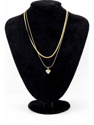 Pangu Kalp Figürlü Altın Renk Çift Zincir Çelik Kolye