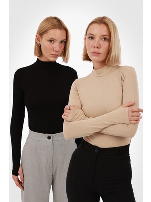 Yade Fashion Kadın Parmak Detaylı Body 2’li Set