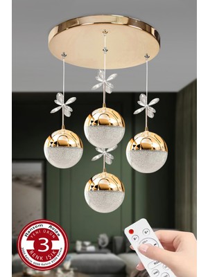 PremiumPort 3 Renk Toplu Kumandalı Modern LED Avize, Gold Kasa, 4’lü Set