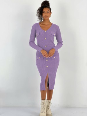 Miss Poem Kadın Lila Önü Dekoratif Düğmeli Yırtmaçlı Triko Elbise