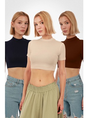 Yade Fashion Kadın Kısa Kol Crop 3\'lü Set