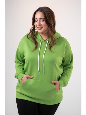 Roxxlen Kadın Büyük Beden Önden Cepli Kapüşonlu Sweatshirt