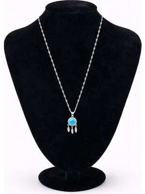 Pangu Turkuaz Taşlı Sallantılı Gümüş Renk Çelik Kolye