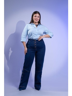 Roxxlen Büyük Beden Kadın 1222520 Düğme Detaylı Denim Lacivert Pantolon