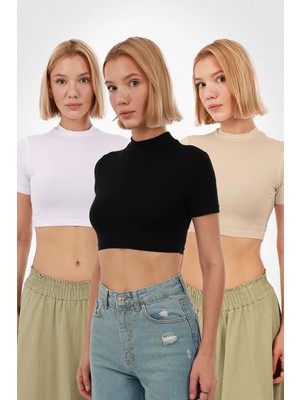 Yade Fashion Kadın Kısa Kol Crop 3\'lü Set