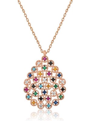 Özcömert Silver Gümüş Rose Renkli Taşlı Damla Kolye