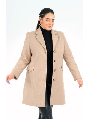 Roxxlen Büyük Beden Kadın Yaka Kürklü Düğmeli Bej Kaban