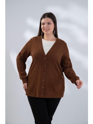 Roxxlen Büyük Beden Düğme Detaylı Triko Hırka