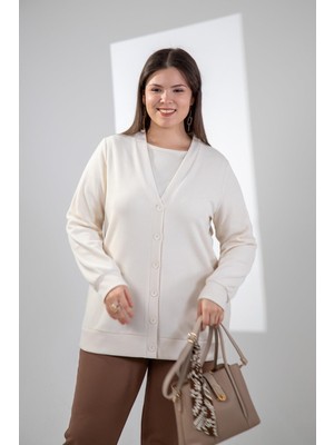 Roxxlen Büyük Beden Düğme Detaylı Triko Hırka