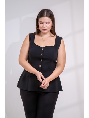 Roxxlen Büyük Beden Kadın Kare Yaka Volanlı Bluz Siyah