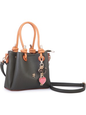 Nas Bag Kadın Charmlı Mini El ve Çapraz Çanta (En :19 cm , Boy:15 Cm) Haki Taba Lopez