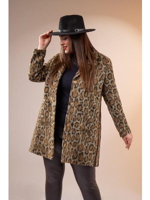 Roxxlen Büyük Beden Kadın Leopar Desenli Kısa Kaban Kahverengi