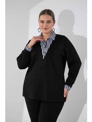 Roxxlen Büyük Beden Kadın Gömlek Detaylı Bluz Siyah